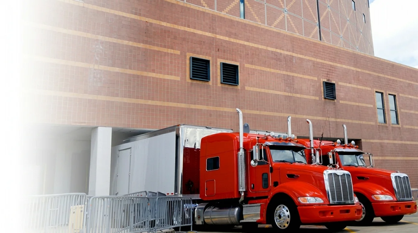 Two red Arlowe trucks parked against the brick distribution warehouse